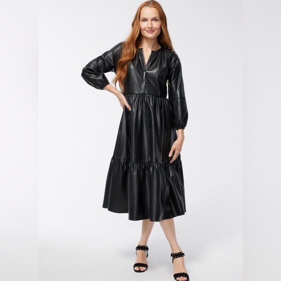 Chico’s Pleather Tiered Midi Dress SZ 2 US 12 Black Front Buttons Pockets - Picture 1 of 15